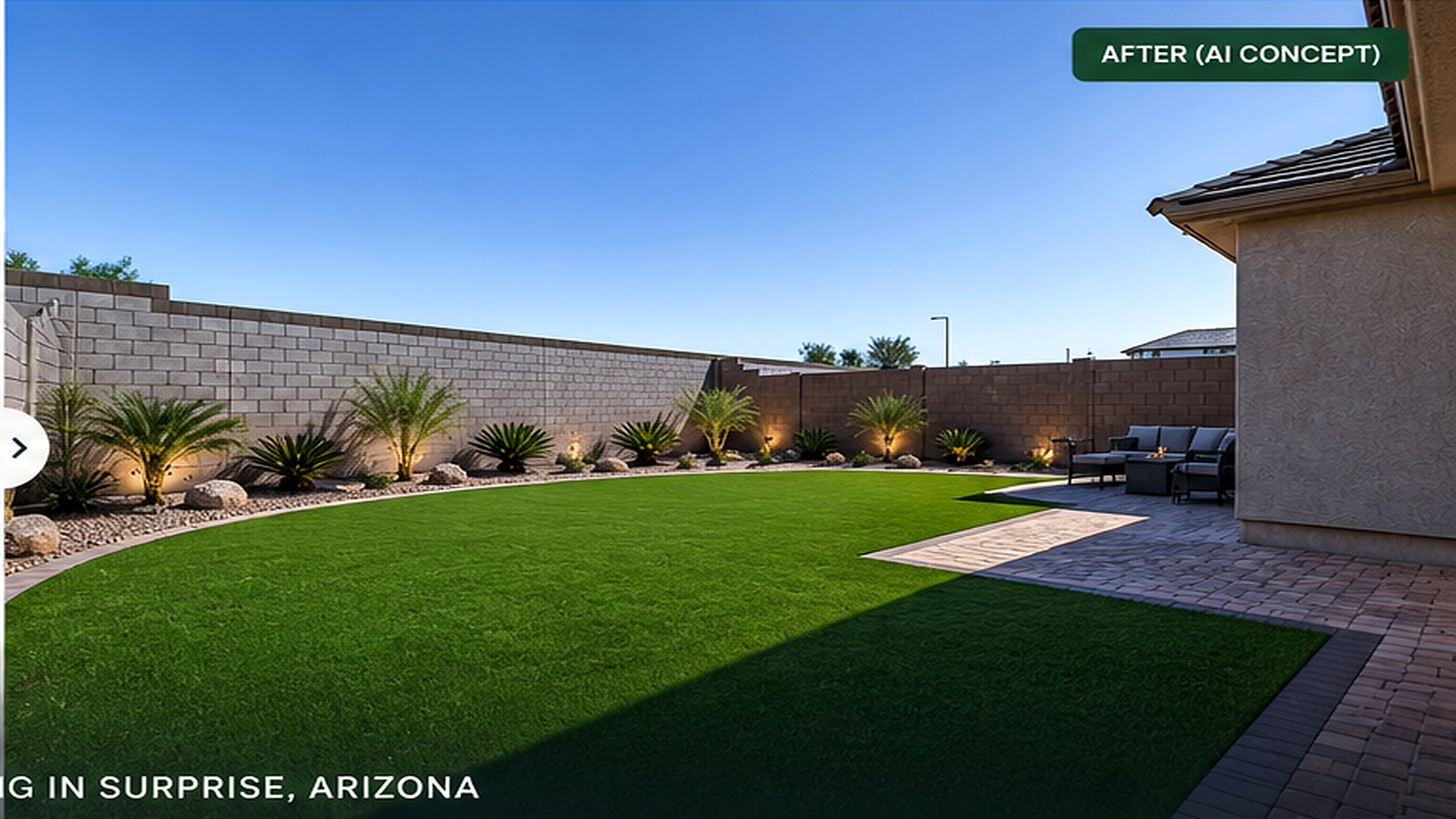 AI backyard landscaping concept with turf pavers plants and lighting